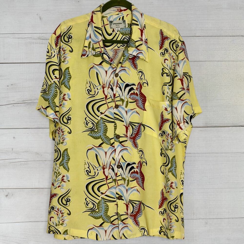 Kamehameha Hawaiian Shirt XL Rayon Yellow Tropical Floral Aloha Vintage 90s Y2K